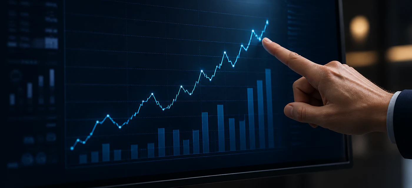 Hand pointing to a rising business growth chart