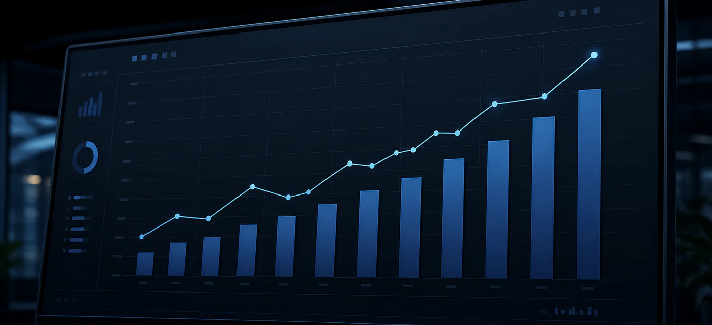 Ascending bars and trend line showing sustained business growth